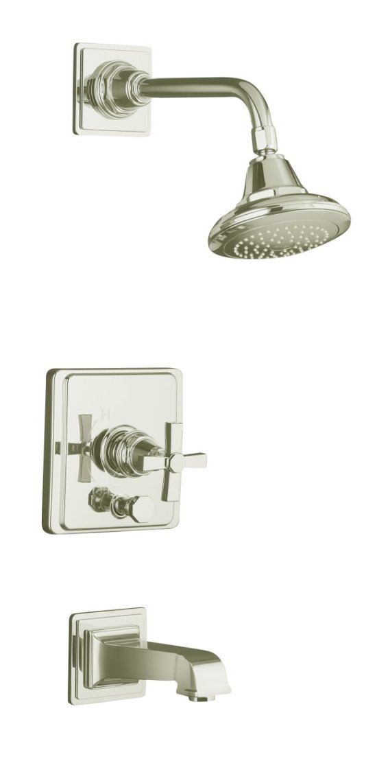 Kohler K-T13133-3A-SN Pinstripe Pressure-Balancing Bath and Shower Faucet Trim Only w/Cross Handle - Polished Nickel
