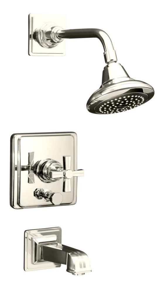 Kohler K-T13133-3B-SN Pinstripe Pressure-Balancing Bath and Shower Faucet Trim Only w/Cross Handle - Polished Nickel