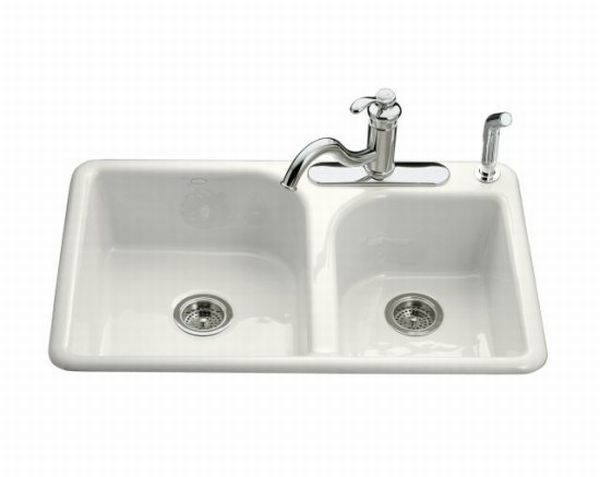 Kohler K-5948-3-0 Efficiency Double Basin Cast Iron Kitchen Sink - White