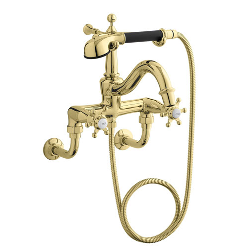 Kohler K-110-3-PB Antique Bath Faucet with Handshower - Polished Brass with Black Accents