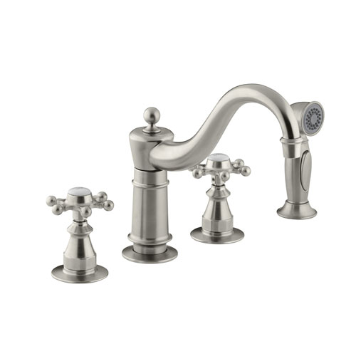 Kohler K-158-3-BN Antique Kitchen Faucet with Side Spray and 6 Prong Handles - Brushed Nickel