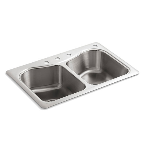 Kohler K-3369-4-NA Staccato 33 in x 22 in x 8-5/16 in Top-mount Double Equal Bowl Kitchen Sink with 4 Faucet Holes