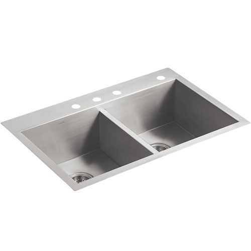 Kohler K-3820-4-NA Double Basin Kitchen Sink with Four-Hole Faucet Drilling from the Vault Collection - Stainless Steel