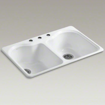 Kohler K-5818-3-0 Hartland Double Bowl Kitchen Sink Top Mount with 3 Faucet Holes - White