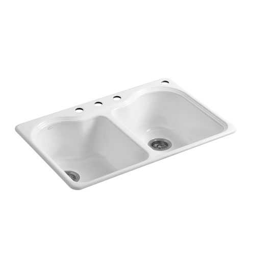 Kohler K-5818-4-0 Hartland 33 in x 22 in x 9-5/8 in Top-mount Double Equal Kitchen Sink with 4 Faucet Holes - White