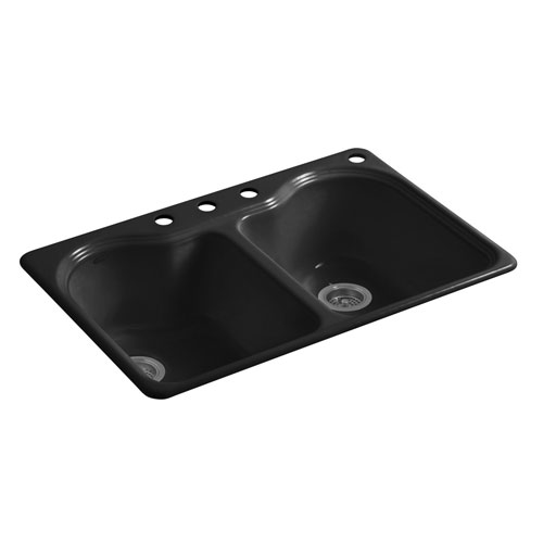 Kohler K-5818-4-7 Hartland 33 in x 22 in x 9-5/8 in Top-mount Double Equal Kitchen Sink with 4 Faucet Holes - Black
