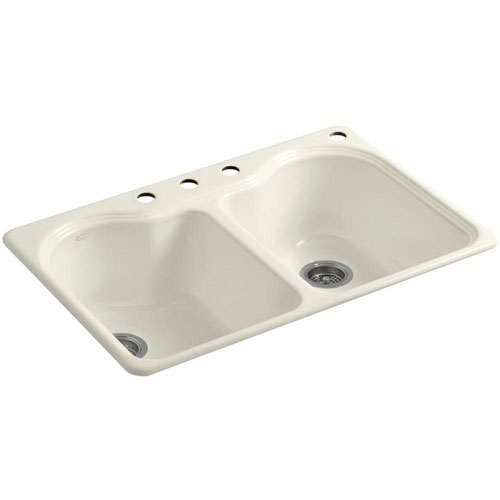 Kohler K-5818-4-96 Hartland 33 in x 22 in x 9-5/8 in Top-mount Double Equal Kitchen Sink with 4 Faucet Holes - Biscuit