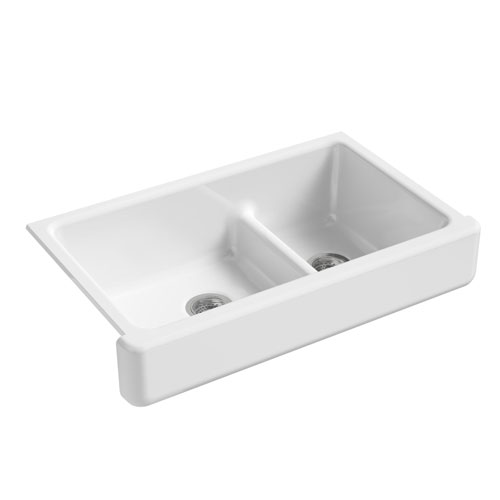 Kohler K-6426-0 Whitehaven 35-1/2 in x 21-9/16 in x 9-5/8 in Undermount Large/Medium Double Bowl Kitchen Sink with Short Apron - White