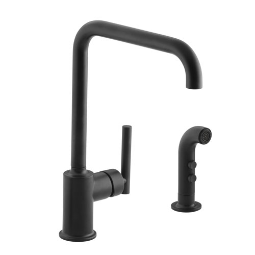 Kohler K-7508-BL Purist Two Hole Kitchen Sink Faucet with 8 in Spout and Matching Finish Sidespray - Matte Black