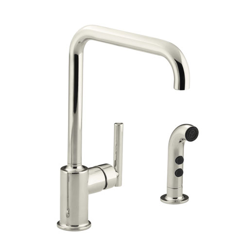 Kohler K-7508-SN Purist Two Hole Kitchen Sink Faucet with 8 in Spout and Matching Finish Sidespray - Polished Nickel