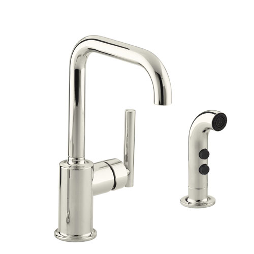 Kohler K-7511-SN Purist Two-hole Kitchen Sink Faucet with 6 in Spout and Matching Finish Sidespray - Polished Nickel