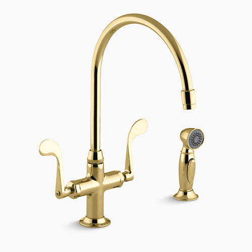 Kohler K-8763-PB Essex Kitchen Sink Faucet w/Wristblade Handles and Sidespray - Polished Brass
