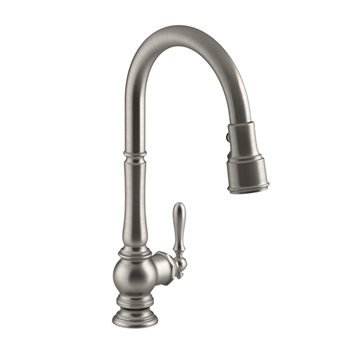 Kohler K-99259-VS Artifacts Single Hole Kitchen Sink Faucet with 17-5/8 inch  Pulldown Spout and Turned Lever Handle - Vibrant Stainless
