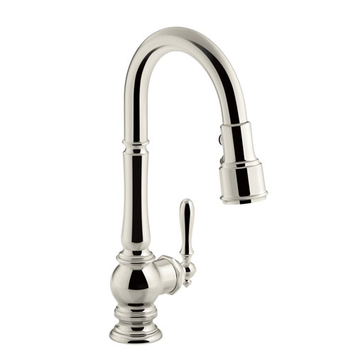 Kohler K-99261-SN Artifacts 16 in Pulldown Spout and Turned Lever Handle - Polished Nickel