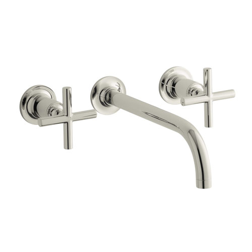 Kohler K-T14414-3-SN Purist Two Handle Wall Mount Lavatory Faucet Trim with 9 in, 90-degree Angle Spout and Cross Handles - Polished Nickel