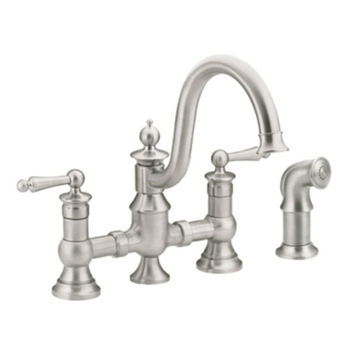 Moen S713CSL Waterhill Two Handle Kitchen Bridge Faucet With Side Spray - Classic Stainless