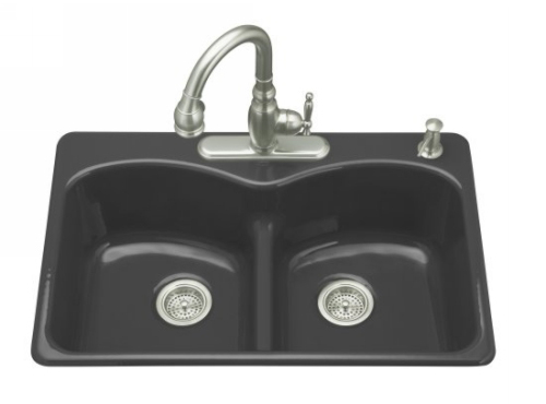 Kohler K-6626-3F-7 Langlade Smart Divide Kitchen Sink - Black (Faucet and Accessories Not Included)