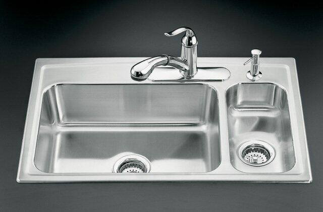 Kohler K-3347L-3-NA Toccata Self-Rimming Kitchen Sink High/Low Basins and Three Hole Faucet Punching - Stainless Steel
