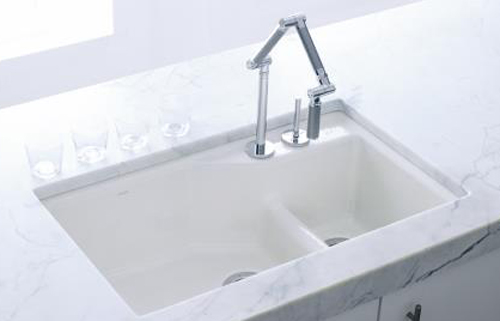 Kohler K-6411-2-7 Undercover Double Offset Cast Iron Kitchen Sink from the Indio Series - Black (Pictured in White)