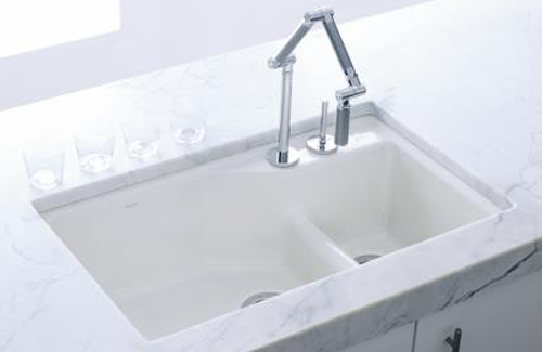 Kohler K-6411-3-33 Undercounter Basin Kitchen Sink with Three-Hole Faucet Drilling - Mexican Sand (Pictured in White)