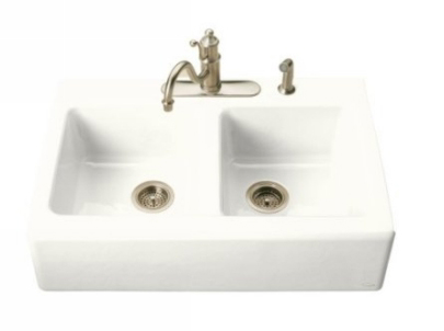 Kohler K-6534-3-0 Hawthorne Apron-Front Tile-In Kitchen Sink with Three-Hole Faucet Drilling - White (Faucet and Accessories Not Included)
