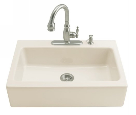 Kohler K-6546-4-96 Dickinson Tile-In Apron-Front Kitchen Sink- 4 Hole Faucet Drilling - Biscuit (Faucet and Accessories Not Included)