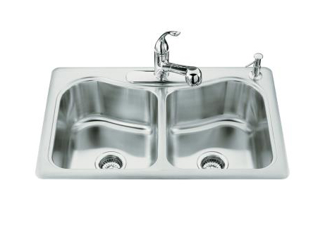 Kohler K-3369-1 Staccato Double-Basin Self-Rimming Kitchen Sink With Single-Hole Faucet Punching