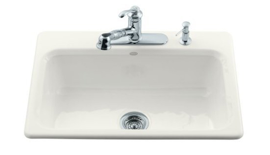 Kohler K-5832-3-0 Bakersfield Single Basin Cast Iron Kitchen Sink - White