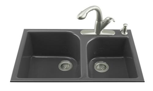 Kohler K-5931-4-7 Executive Chef Double Basin Cast Iron Kitchen Sink - Black (Faucet and Accessories Not Included)