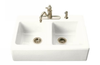 Kohler K-6534-4-0 Hawthorne Double Basin Cast Iron Kitchen Sink - White
