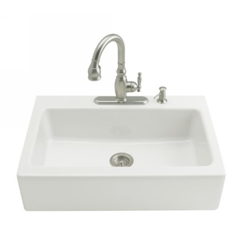 Kohler K-6546-3-0 Dickinson Tile-In Apron-Front Kitchen Sink-3 Hole Faucet Drilling - White (Faucet and Accessories Not Included)