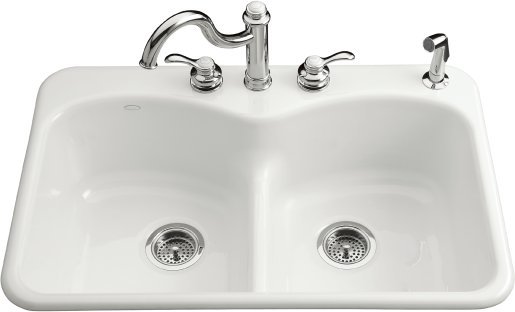 Kohler K-6626-2-0  Langlade Double Basin Smart Divide Cast Iron Kitchen Sink - White (Faucet and Accessories Not Included)